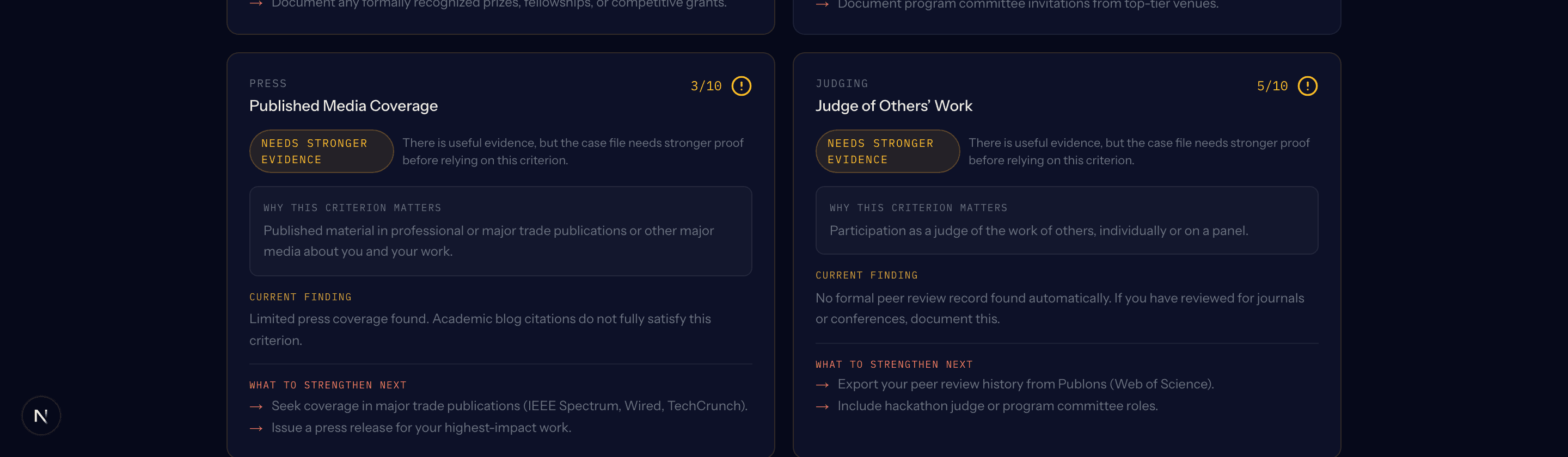 EB-1A criteria assessment showing press and judging criteria with evidence gaps and next steps