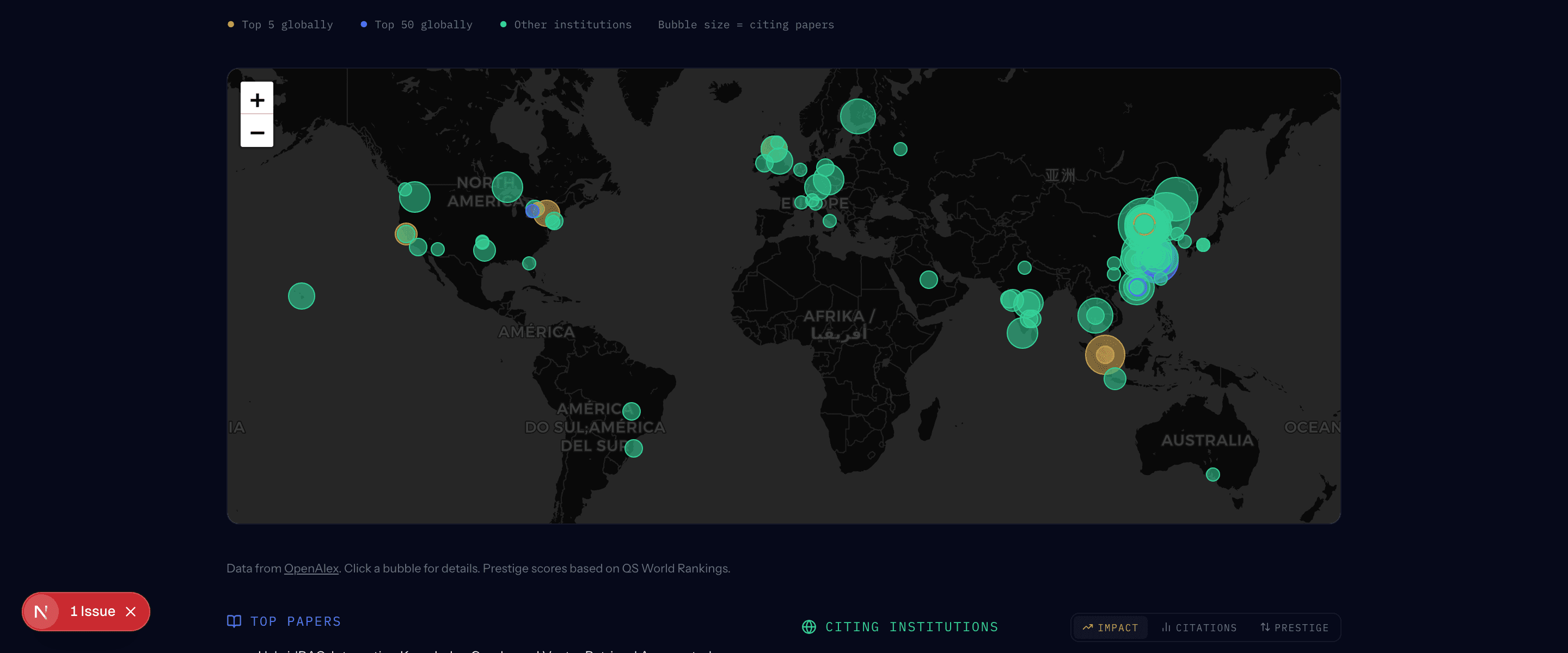 Global citation map showing worldwide research institutions that have cited papers